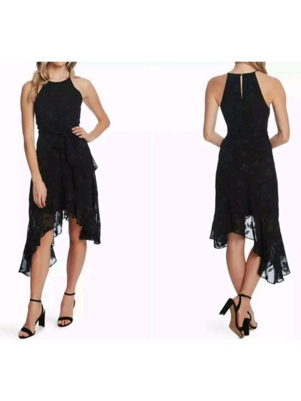 CeCe Dress Floral Textured Halter High-Low Size 10Black Womens